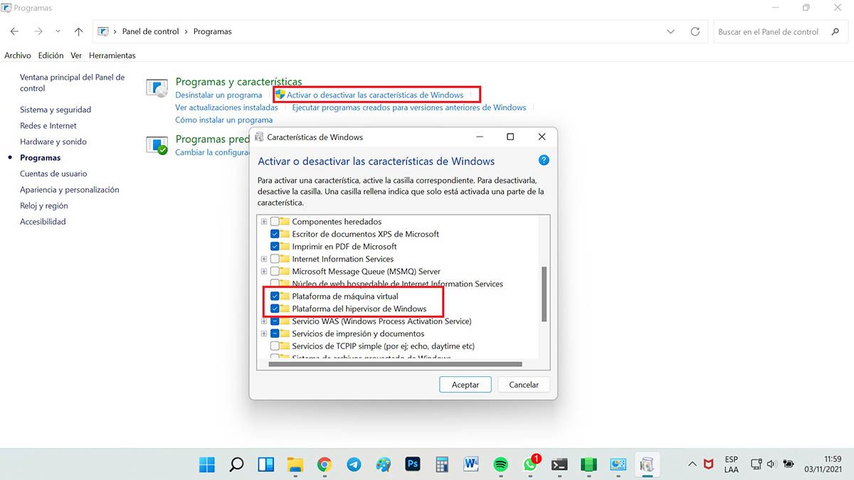 activar la instalación de aplicaciones android en windows 11 panel control activar caracteristicas maquina virtual