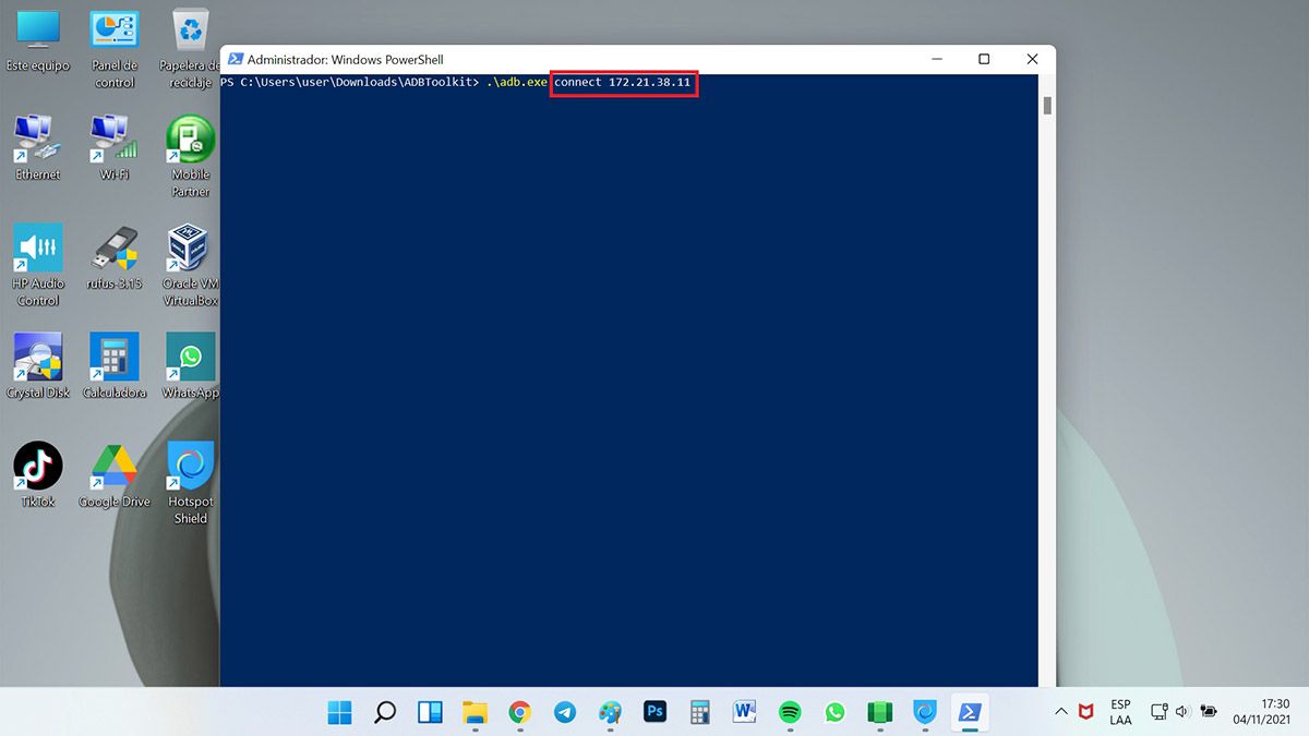 activar la instalación de aplicaciones android en windows 11 powershell conectar ip