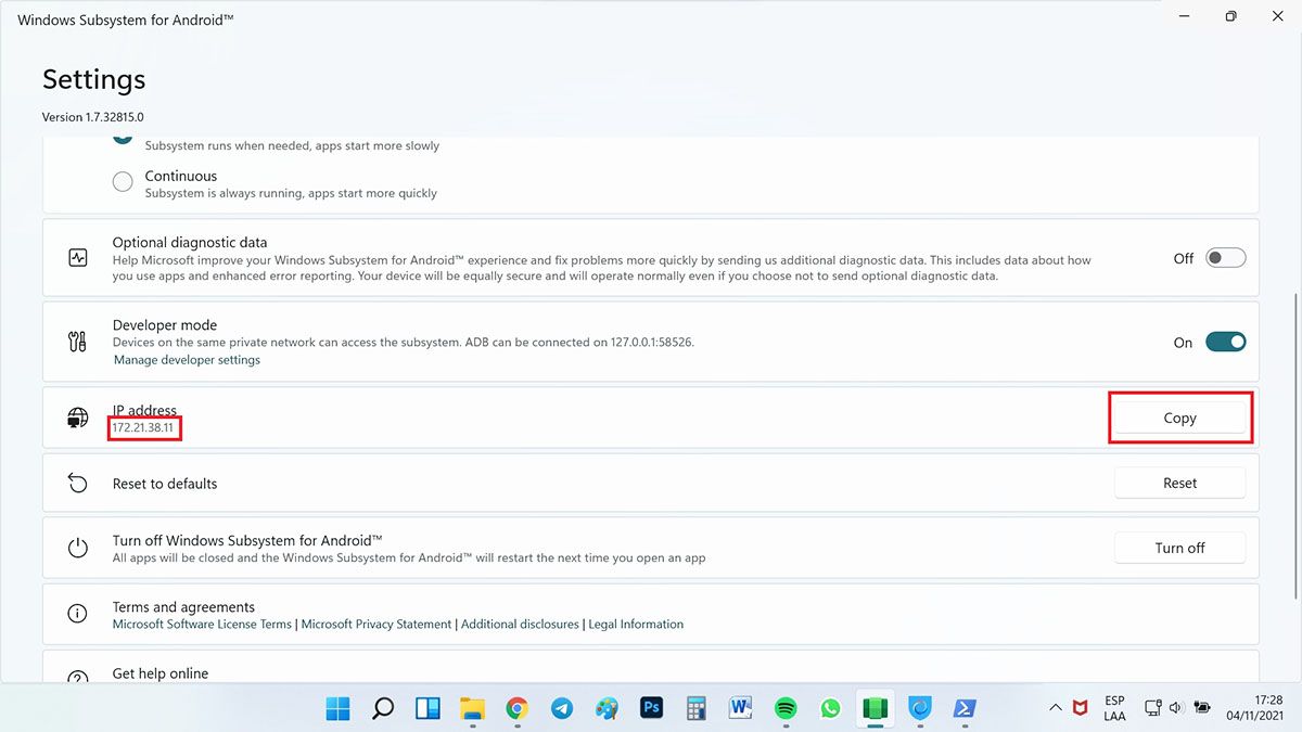 activar la instalación de aplicaciones android en windows 11 wsa copiar ip