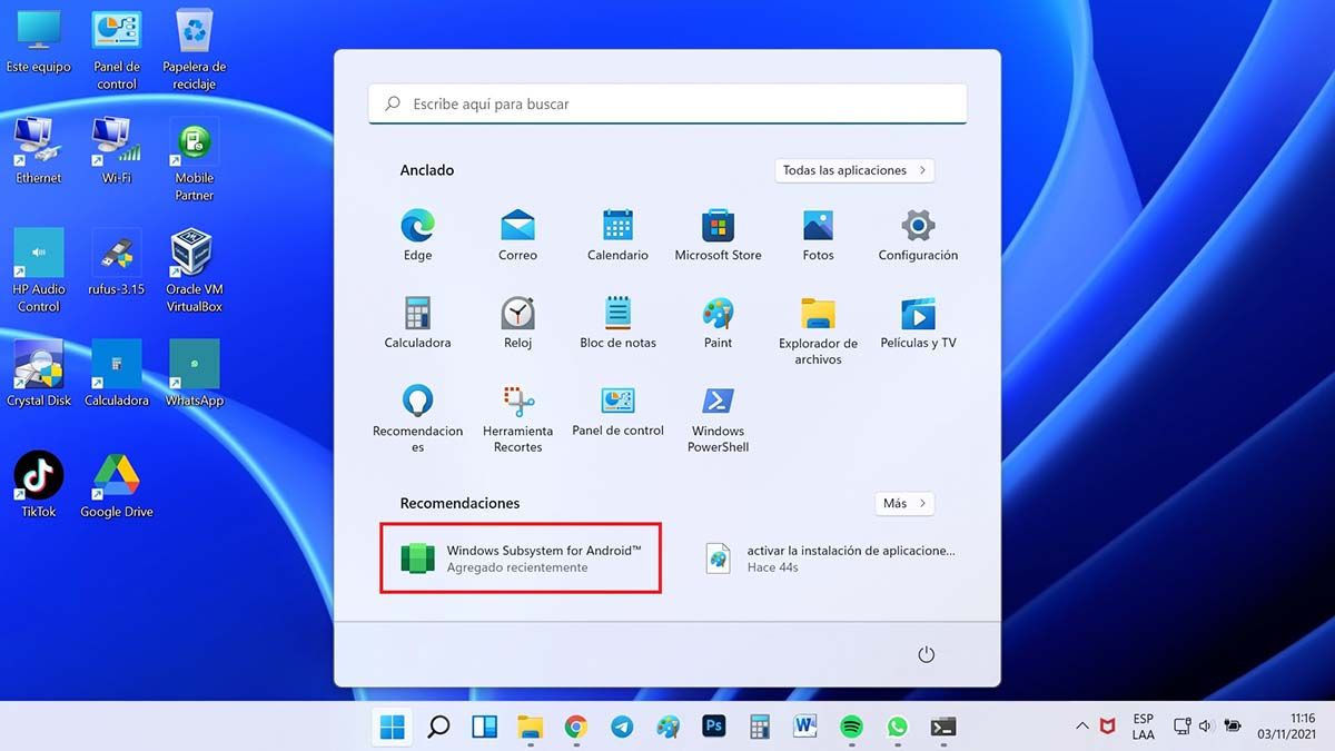 activar la instalación de aplicaciones android en windows 11 wsa menu inicio