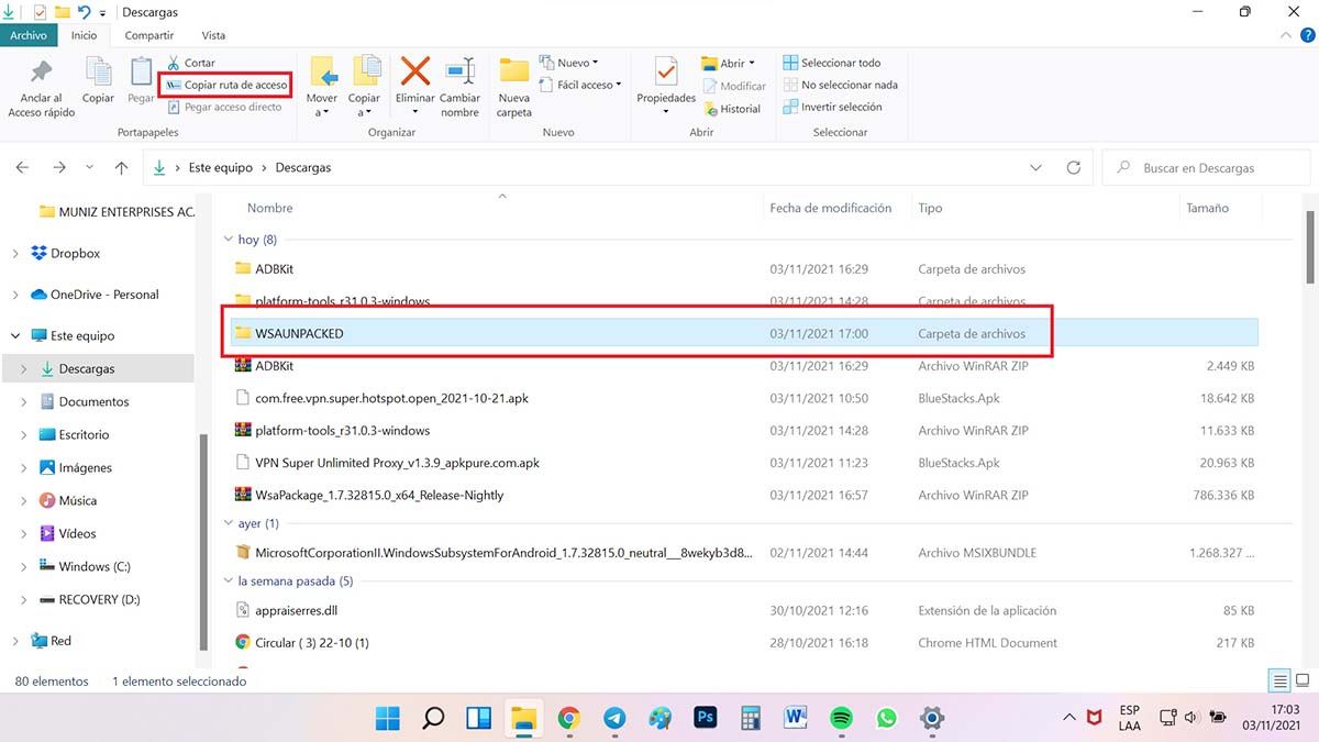 activar la instalación de aplicaciones android en windows 11 wsaunpacked copiar ruta