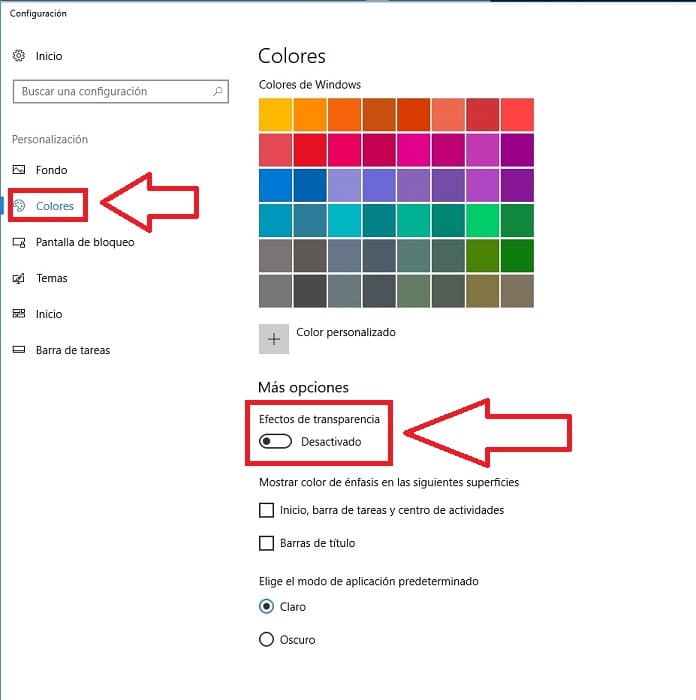 eliminar transparencia a windows 10