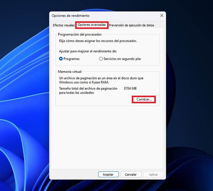 Cambiar ajustes memoria virtual Windows 11