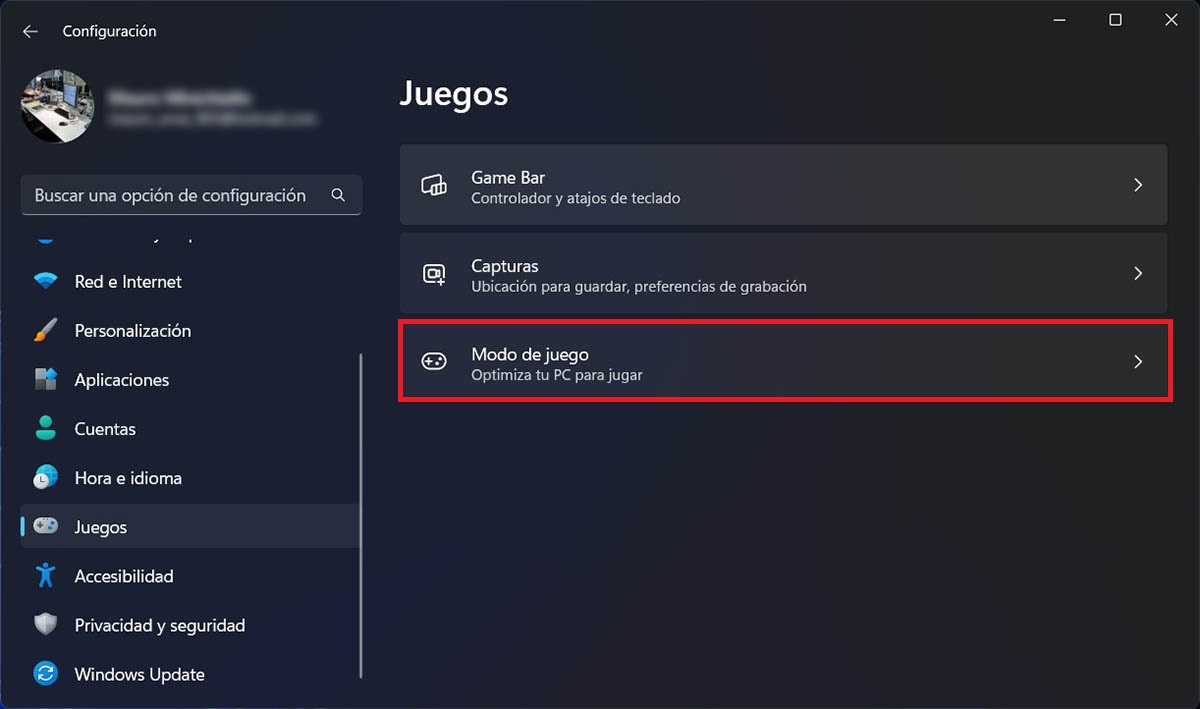 Opciones del Modo Juego Windows 11