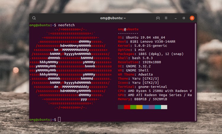 Una captura de pantalla de la aplicación Neofetch ejecutándose en Ubuntu 19.04