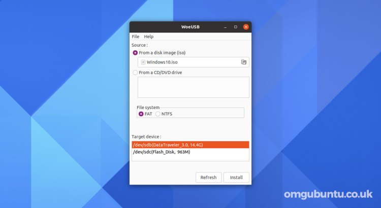 La herramienta WoeUSB ejecutándose en el escritorio de Ubuntu